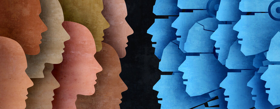 Robots And Humans as AI or Artificial Intelligence facing off as a symbol of future technology and employment or unemployment as automation in society changing the global economy.