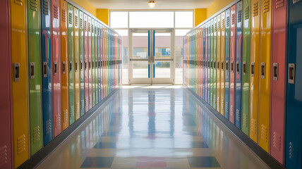 Colorful school hallway with rows of lockers and natural light