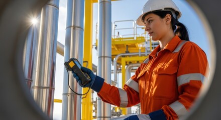 Female engineer in orange uniform inspecting pipes at industrial plant with a measuring device on a sunny day