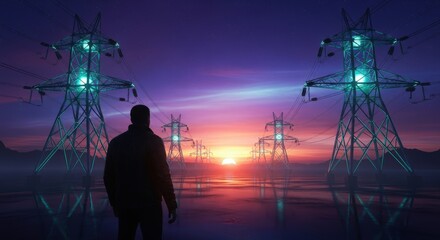 Fototapeta premium Man watches green illuminated electricity pylons and power lines in water at beautiful sunset with starry sky