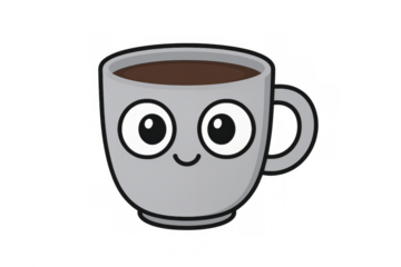 Cute coffee mug character illustration smiling, expressing happiness and morning beverage enjoyment on transparent background