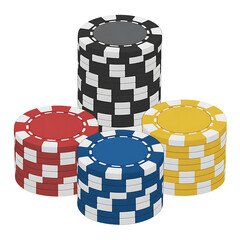 Colorful casino poker chips stacked together for gambling and betting fun isolated on transparent background