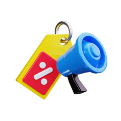 An isolated 3D icon showing a blue megaphone next to a yellow price label with a percentage symbol, representing sales announcements and marketing promotions