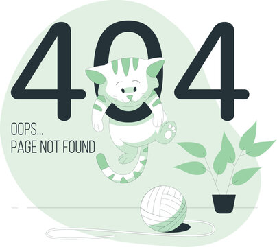 Cute cat hanging on large 404 numbers with ball of yarn and plant 404 error page not found