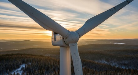 Wind turbine blades rotating in a winter forest landscape at sunset, generating clean energy amidst snowy trees and rolling hills