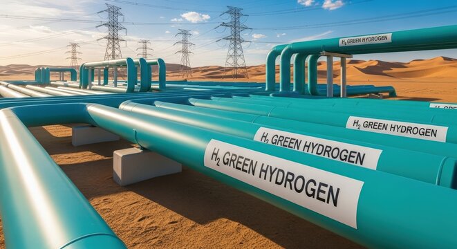 Bright sunny day reveals green hydrogen pipelines next to electricity pylons in a vast desert landscape - Powered by Adobe