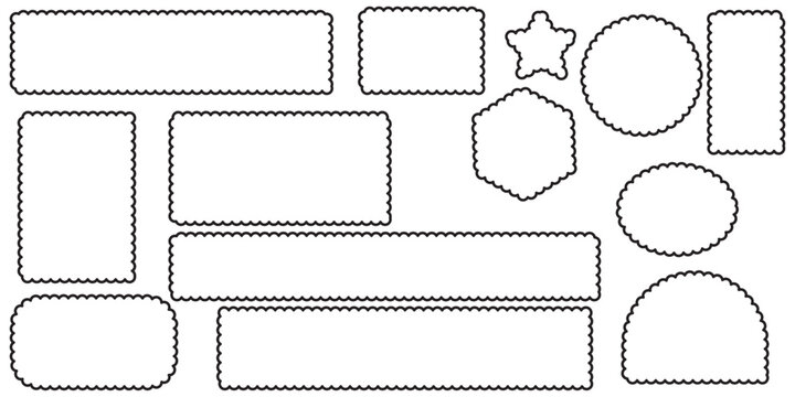 Scallop edged frame template. Bentoblack grid shapes. Geometry modular moodboard borders with perforation. Label textboxes Lace frill pack. Trendy blocks blank layout. Vector flat illustration