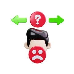 3D Rendering of Man with Question Mark and Sad Face, Deciding Between Left and Right Paths for Difficult Choices