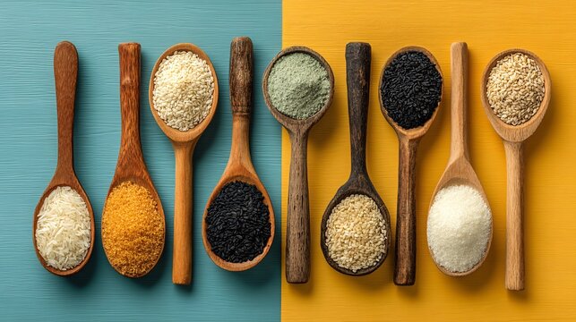 Colorful Spices and Seeds in Wooden Spoons on Vibrant Background
