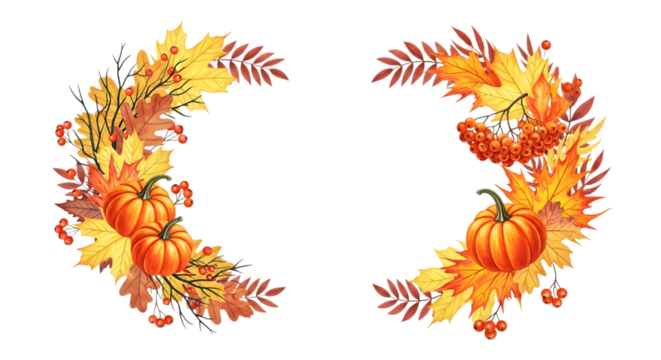 Autumn harvest decorative elements with pumpkins and colorful fall leaves, isolated on transparent background