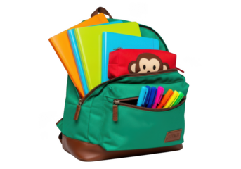 School backpack with supplies isolated on transparent background
