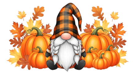 Cute fall gnome with pumpkins and autumn leaves, isolated on transparent background