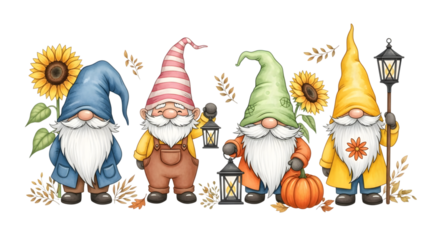 Four charming watercolor gnomes with pointy hats, beards, and lanterns, standing amongst sunflowers and autumn leaves, isolated on transparent background