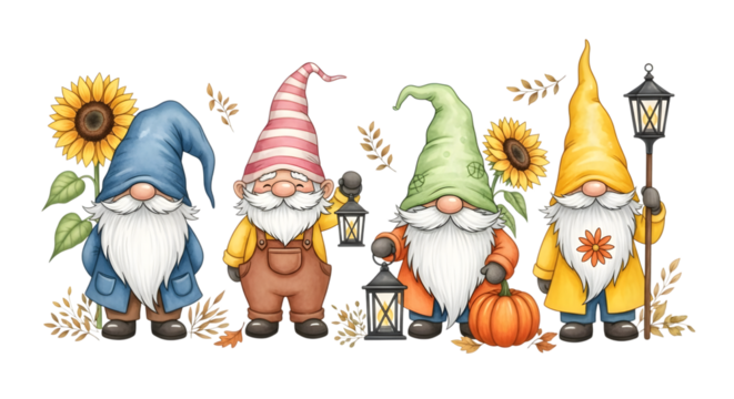 Four charming watercolor gnomes with pointy hats, beards, and lanterns, standing amongst sunflowers and autumn leaves, isolated on transparent background