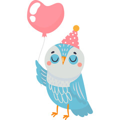 Cute Blue Owl Wearing A Pink Polka Dot Party Hat Holding A Pink Heart Shaped Balloon With Eyes Closed And Rosy Cheeks In A Festive Celebration Mood Against A White Background