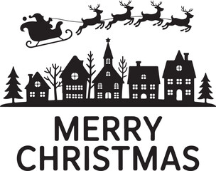 Winter landscape with snow and trees. Santa Flying in the night on christmas. Winter lanscape with house, snow and tree. Paper cut vector design. The house in winter is covered with snow