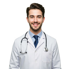 Smiling male doctor wearing white lab coat and stethoscope ready to provide medical care and assistance isolated on transparent background