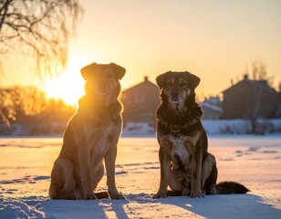 Two canine companions seated on snowy ground at sunset, buildings in the background, warmth of the golden light