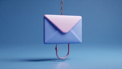 A stylized envelope hangs from a hook, symbolizing email phishing, with a soft blue background and a modern aesthetic.