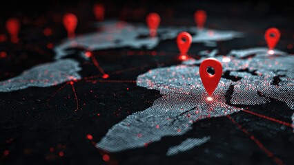 A digital map with highlighted locations marked by red pins, representing global connectivity and data points on a dark background.