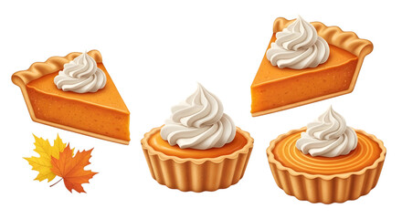 Delicious pumpkin pie slices and mini tarts topped with whipped cream, isolated on transparent background, with autumn maple leaves, perfect for thanksgiving and fall celebrations