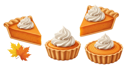 Delicious pumpkin pie slices and mini tarts topped with whipped cream, isolated on transparent background, with autumn maple leaves, perfect for thanksgiving and fall celebrations