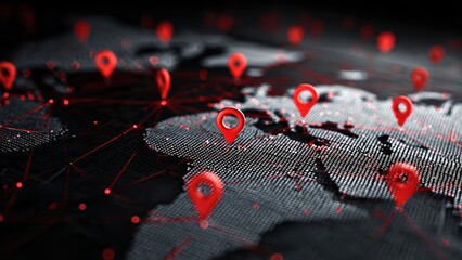 A digital map featuring red location pins, illustrating connectivity and data points across various regions.