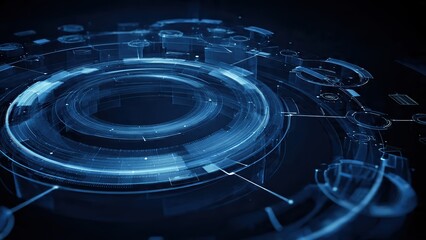 A futuristic digital design featuring circular patterns and glowing blue lines on a dark background, suggesting technology and data visualization.
