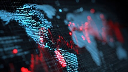 A digital representation of a world map with vibrant blue and red data points, conveying a sense of technology and global connectivity.