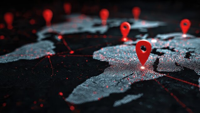 A digital map with highlighted locations marked by red pins, representing global connectivity and data points on a dark background.