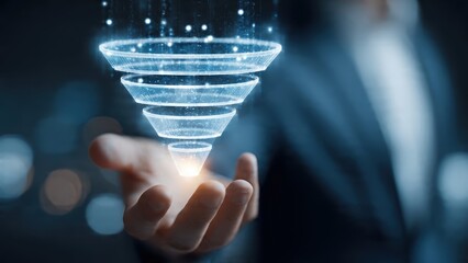 A futuristic hand holds a glowing digital funnel, symbolizing data processing or marketing concepts in a business context.