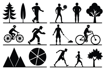 Vector silhouette collection of people and nature icons for sports and recreation