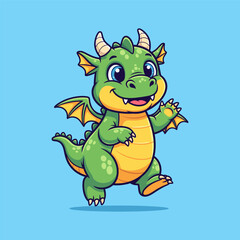 Adorable Green Baby Dragon Waving Happy Cartoon