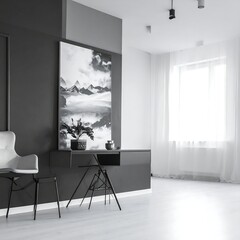 Modern monochrome interior with mountain art