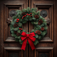 A christmas wreath with pine cones and red berries hanging on a wooden door with a red ribbon bow