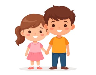 Two cartoon children, a girl in pink and a boy in orange, hold hands and smile happily. The figures are against a white background