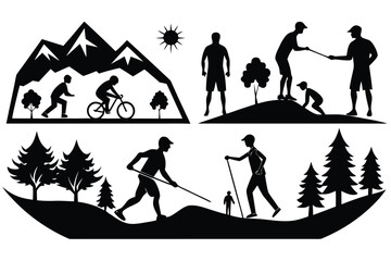 Outdoor adventure silhouette vector bundle featuring hiking cycling and mountain scenes scalable eps