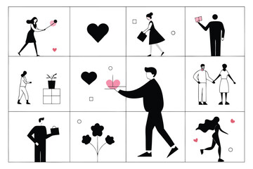 Romantic silhouette vector bundle grid layout illustrations for valentine's day and love themes