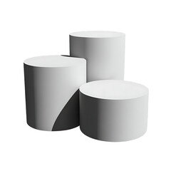 Three realistic white cylinders varying in size on a black backdrop studio setting isolated on transparent background