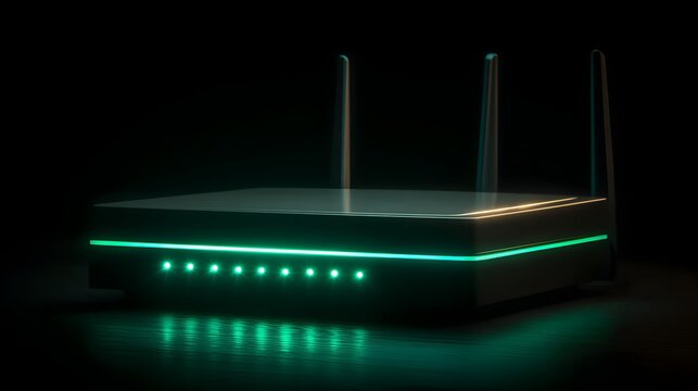 Modern wireless router with glowing green indicator lights and antennas. - Powered by Adobe