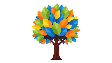 Colorful tree illustration with blue green and orange leaves flat vector design for environmental and ecological concepts isolated on white
