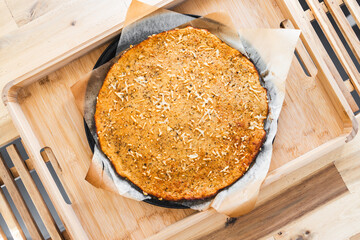 chickpea flour flatbread socca on wooden tray rustic french inspired recipe