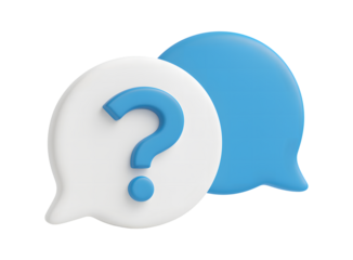 Two 3d speech bubbles one white with a blue question mark and one blue