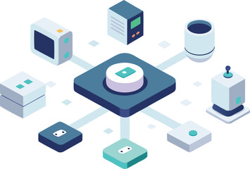 Isometric vector illustration of a compact desktop ai hub connecting various devices