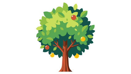 Cartoon apple tree with green leaves and ripe fruits flat vector illustration for childrens books isolated on white background