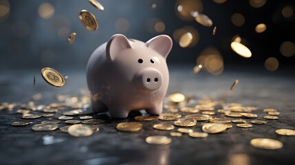 Piggy bank receives falling gold coins against a blurred bokeh background.