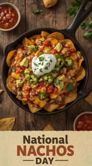 Delicious loaded nachos served in a cast iron skillet for national nachos day celebration