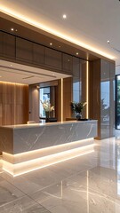 Modern reception desk in a light-filled lobby