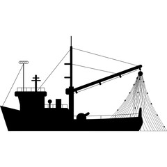 Black Silhouette Fishing Trawler Ship with Nets Deployed in Ocean at Dusk with Clear Sky and Water Reflections