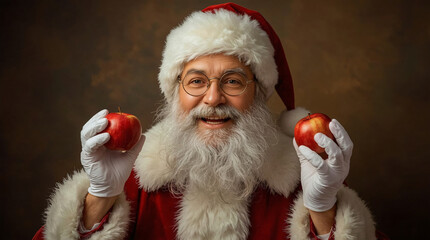 Jolly santa claus grinning and holding two red apples in his white gloved hands